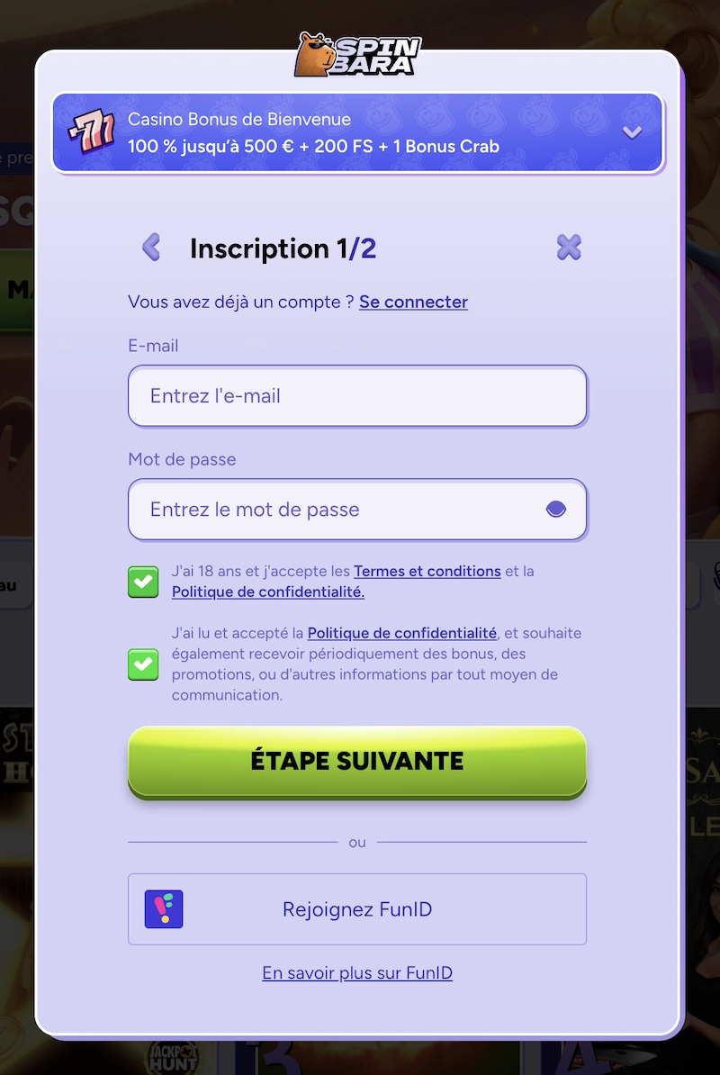 étape 1 du formulaire d'inscription de Spinbara casino