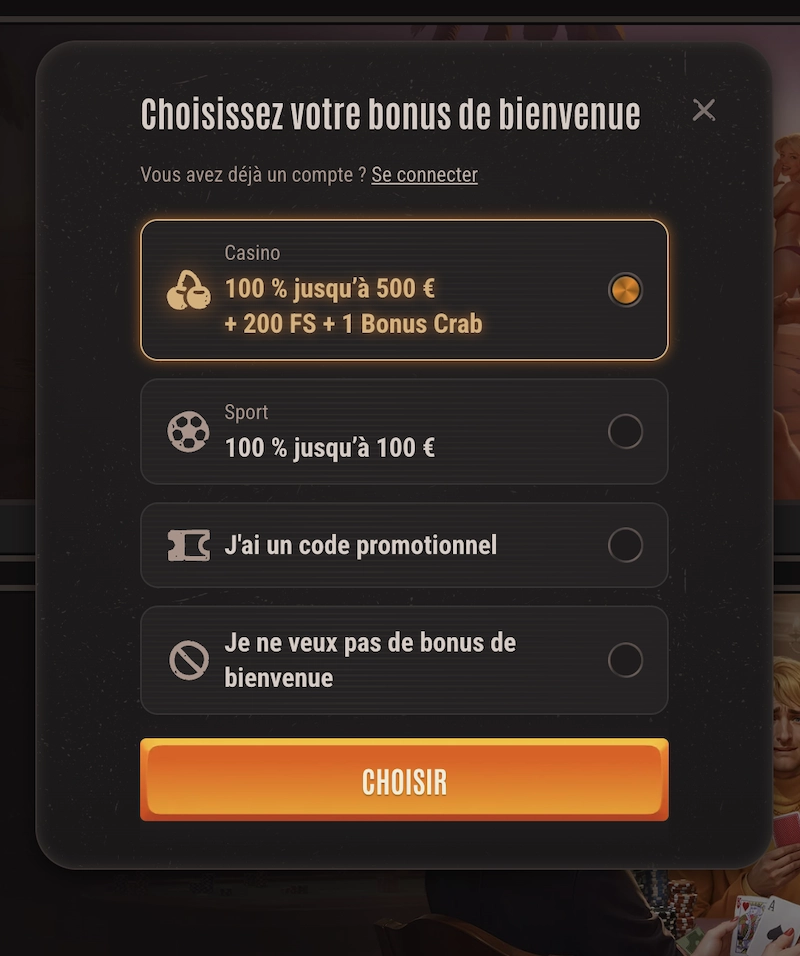 &Eacute;tape de s&eacute;lection du bonus de bienvenue sur Neon54 avec choix entre casino, sport ou code promo