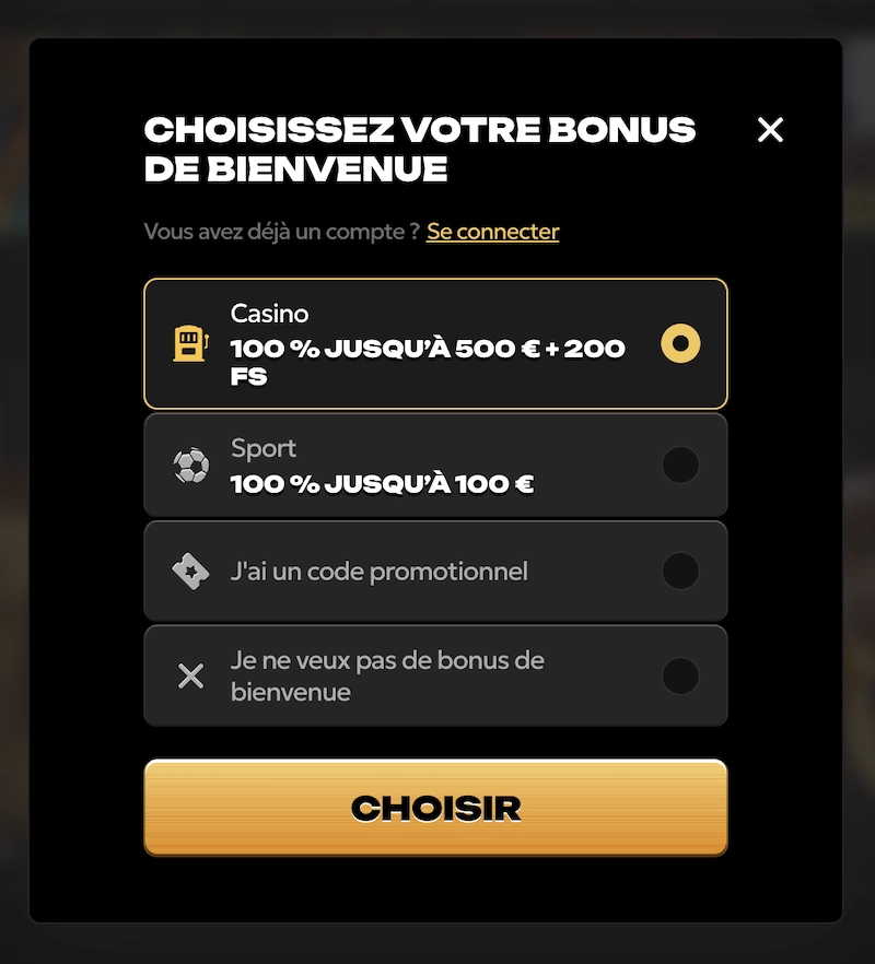 étape 1 de l'inscription sur Spinsy casino