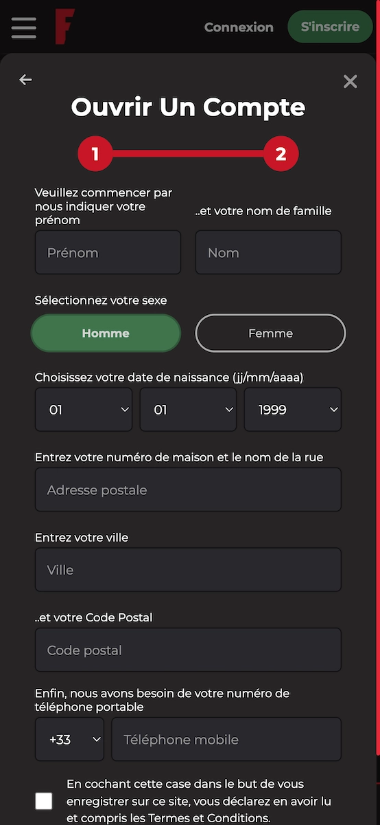 Formulaire d&rsquo;inscription sur Fatboss Casino avec informations personnelles &agrave; renseigner