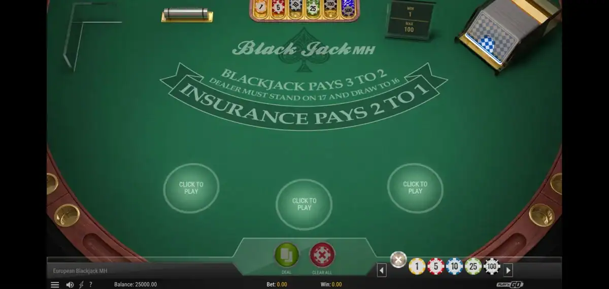 Table du European Blackjack MH par Play'n GO avec 3 positions et le paiement Blackjack 3 to 2 affiché.