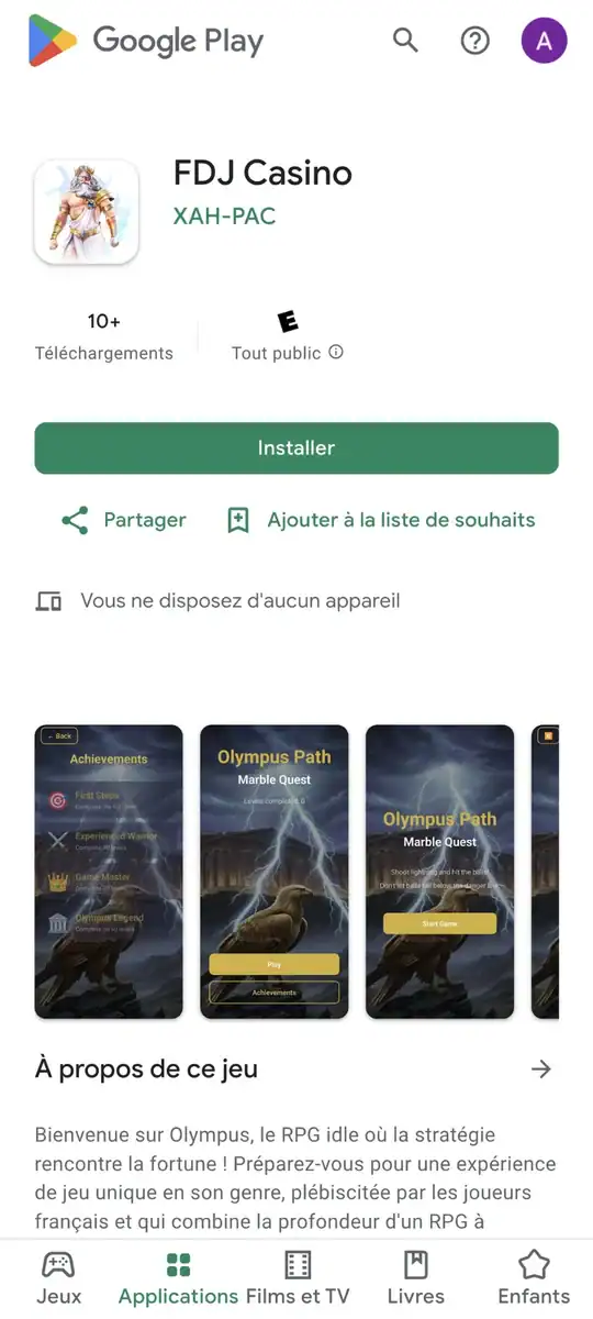 Capture d'écran de la fausse application FDJ Casino sur le Play Store éditée par XAH-PAC, qui est en réalité un jeu RPG appelé Olympus Path sans aucun lien avec la FDJ.