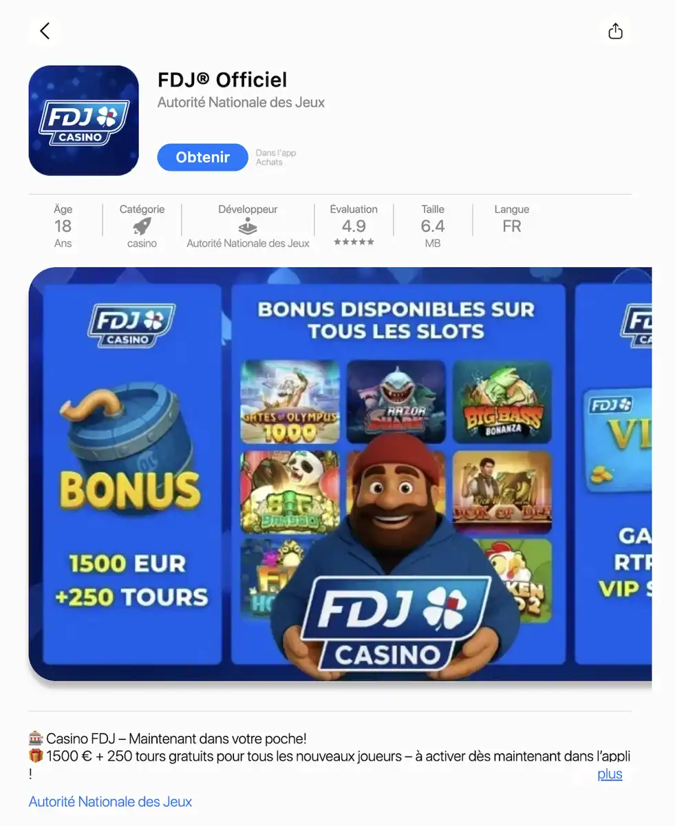 Capture d'écran d'une fausse application FDJ Officiel sur un site qui imite l'App Store, avec un faux développeur Autorité Nationale des Jeux et un bonus de 1 500 € plus 250 tours, qui renvoie vers un casino sans licence.