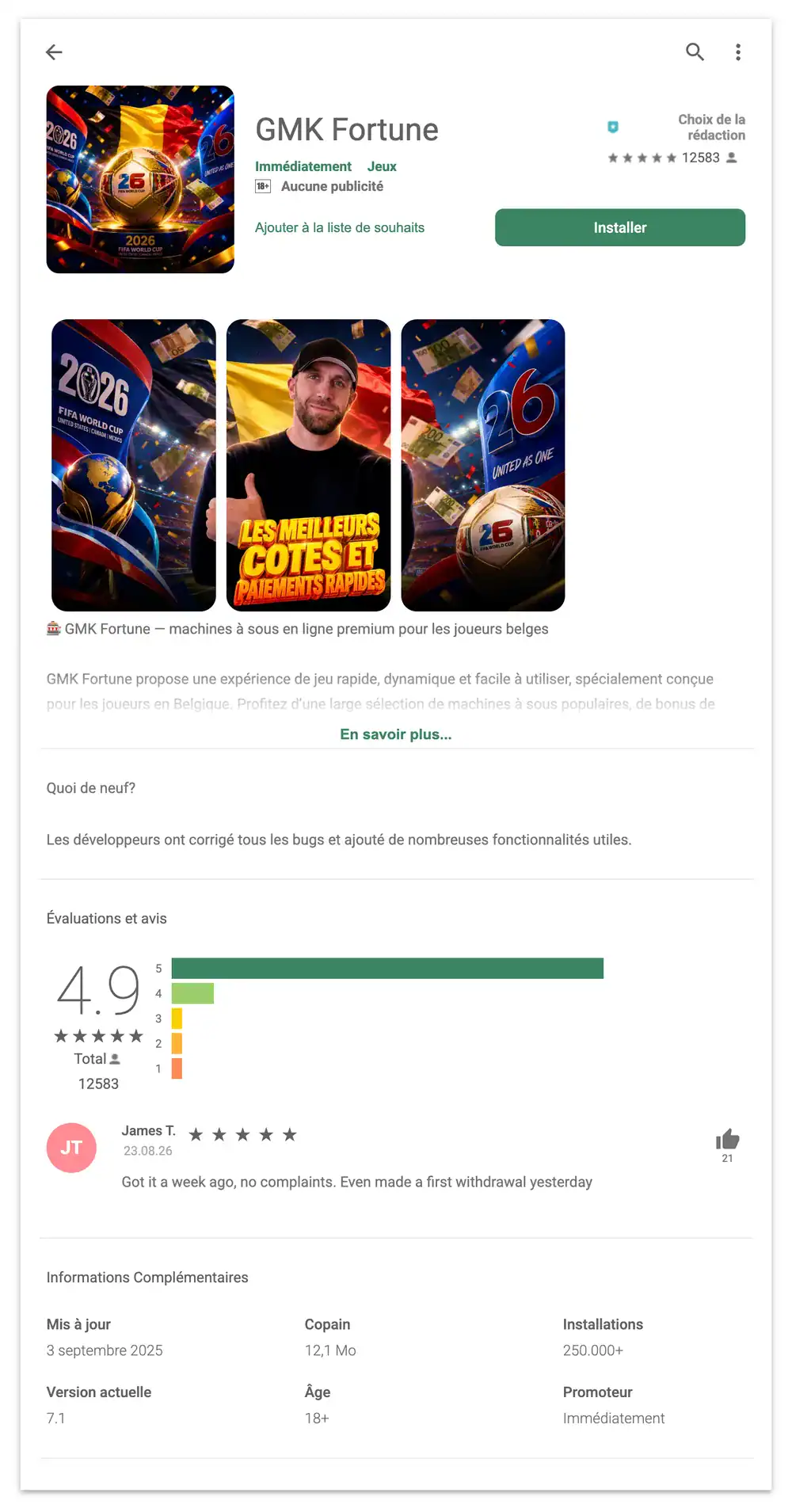 Capture d'écran d'une fausse fiche Play Store pour l'application GMK Fortune, un faux casino mobile qui utilise le visage et le nom de GMK. La fausse fiche affiche une note gonflée de 4,9 sur 5 et de faux avis pour pousser au téléchargement.