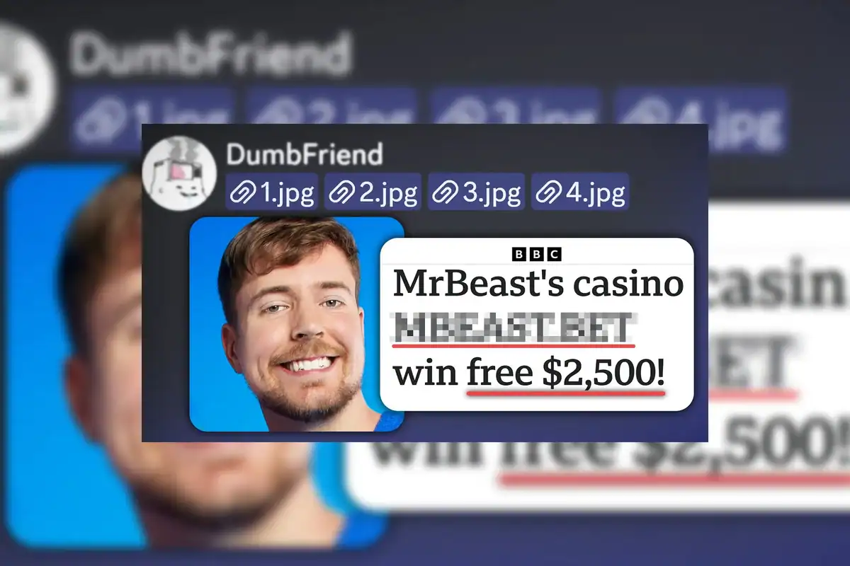 Capture d'écran d'un message Discord qui présente une fausse actu BBC avec la photo de Mr Beast et un lien vers mbeastbet pour gagner 2 500 dollars gratuitement.