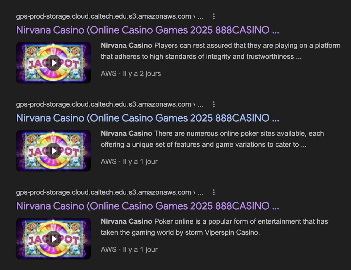 fausses vid&eacute;os de Nirvana Casino qu'on voit dans les r&eacute;sultats de Google
