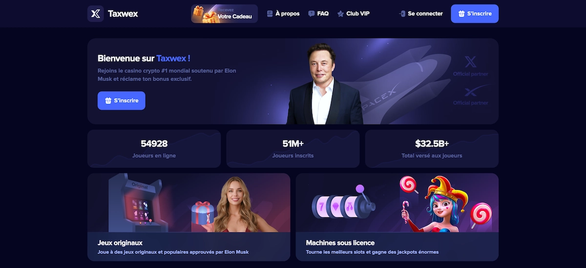 faux casino crypto Taxwex qui essaie d'arnaquer les gens avec une fausse image du milliardaire Elon Musk