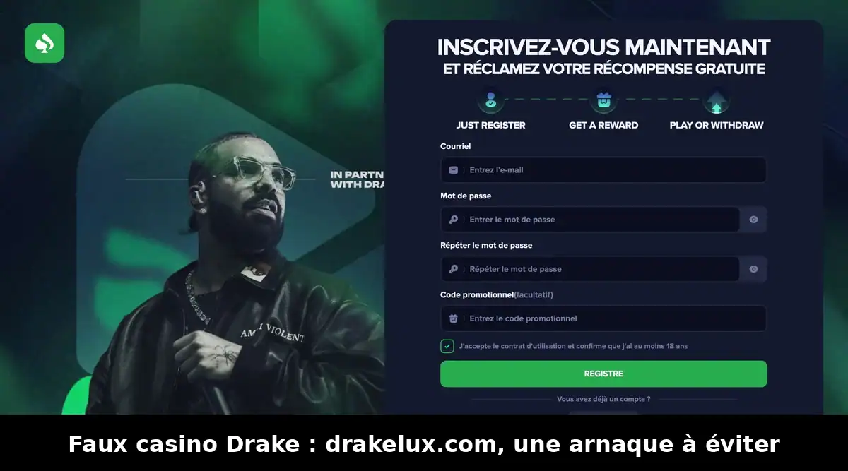 Page d'inscription du faux casino drakelux.com avec l'image de Drake en arrière-plan et un formulaire pour créer un compte.