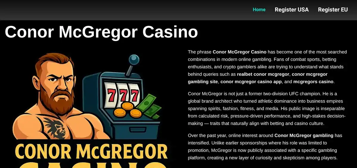 Capture d'écran du faux site Conor McGregor Casino avec un dessin de McGregor torse nu à côté d'une machine à sous et des boutons Register USA et Register EU.
