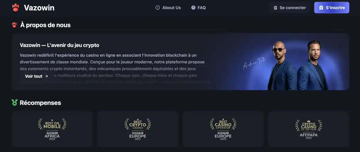 Capture d'écran du faux casino crypto Vazowin qui utilise l'image des frères Andrew et Tristan Tate, avec le slogan « L'avenir du jeu crypto » et de fausses récompenses comme Best Crypto Casino