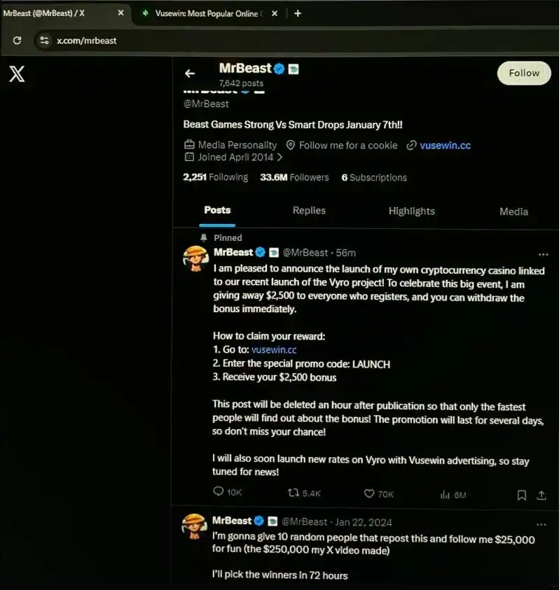 Capture d'écran d'un faux profil X de Mr Beast avec un post qui annonce le lancement d'un casino crypto lié au projet Vyro et propose 2 500 dollars aux nouveaux inscrits sur vusewin.cc.