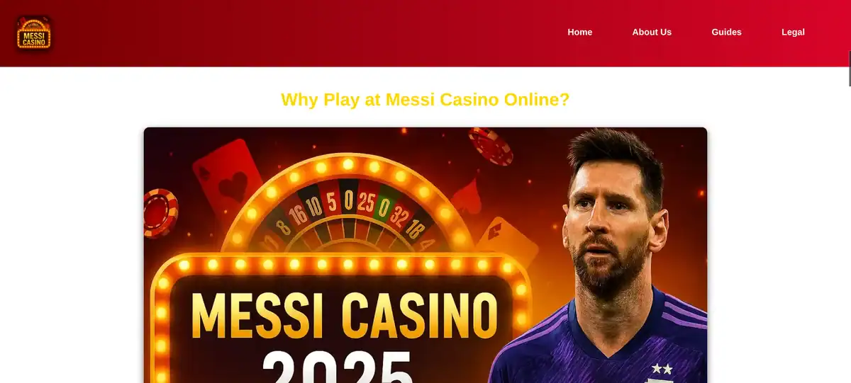 Capture d'écran du faux site Messi Casino avec une roulette et une photo de Lionel Messi pour faire croire à un vrai casino en ligne.