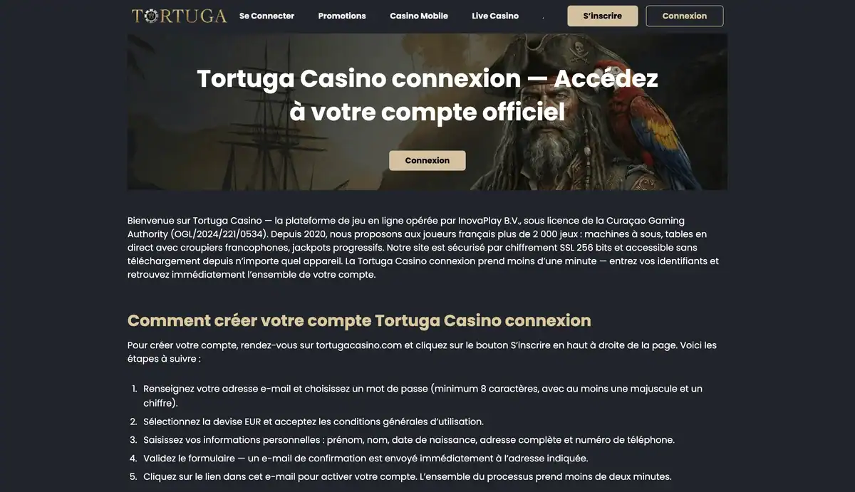 Capture d'écran d'un faux site Tortuga Casino avec le design et les couleurs de l'original qui propose une connexion et une inscription alors que le casino est définitivement fermé.