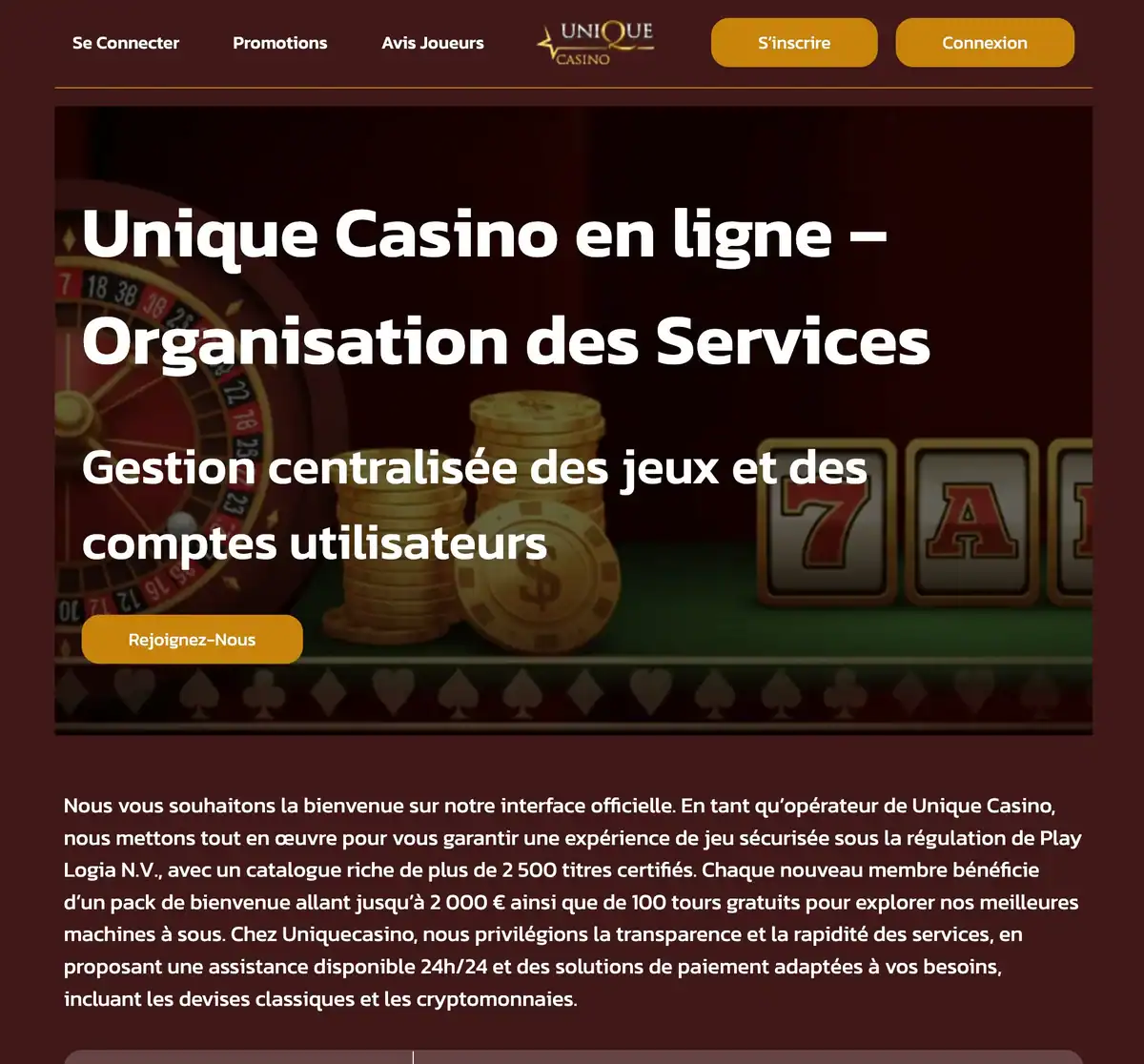 Capture d'écran d'un faux site Unique Casino avec le logo original et un formulaire de connexion alors que le casino est définitivement fermé.