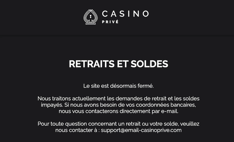 message de fermeture en fran&ccedil;ais sur le site de Casino Priv&eacute;