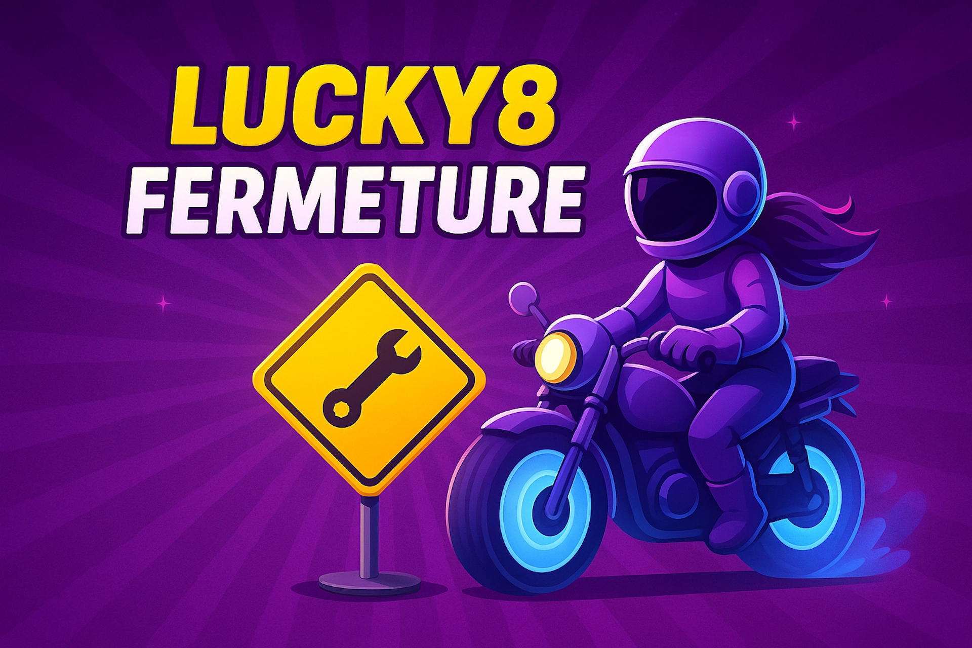 Illustration cartoon futuriste avec une motarde sur fond violet texturé, panneau de maintenance jaune et texte LUCKY8 FERMETURE en blanc et jaune dans le style visuel Casinotan.