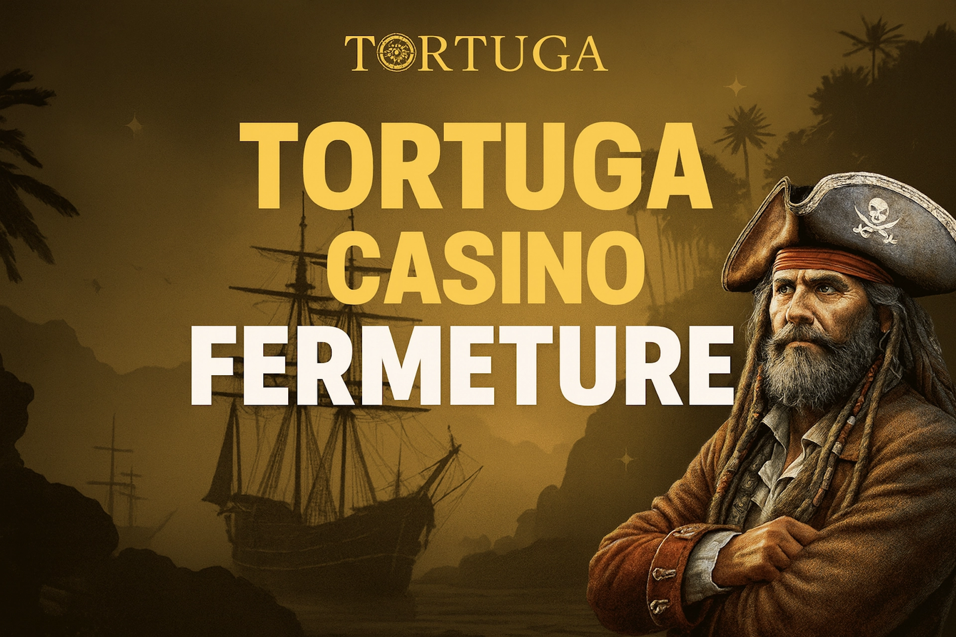 Visuel Tortuga Casino Fermeture avec fond dor&eacute;, pirate r&eacute;aliste &agrave; droite, bateau &agrave; voiles en arri&egrave;re-plan, et texte bold jaune et blanc au centre dans le style Casinotan.