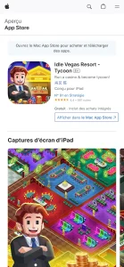 Fiche App Store d’Idle Vegas Casino - Tycoon sur iPhone et iPad, affichant l’icône du jeu avec un manager de casino souriant devant des piles de jetons et des salles de machines à sous et tables de blackjack.