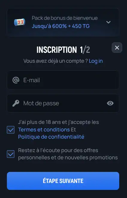Formulaire d'inscription d'Aerobet casino avec les champs e-mail et mot de passe et un bonus de bienvenue jusqu'à 600 pour cent plus 450 tours gratuits.
