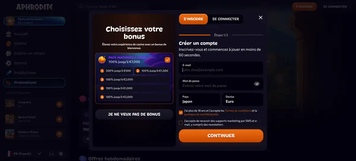 Formulaire d'inscription d'Aphrodite Casino avec la sélection du pack machines à sous 700% jusqu'à 7 000 euros.