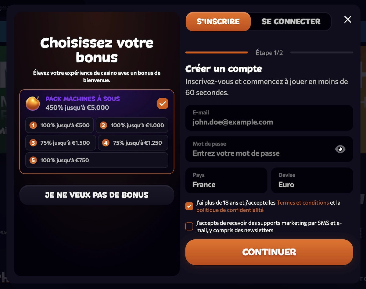 Formulaire d’inscription sur Aphrodite Casino étape 1 avec choix du bonus de bienvenue jusqu’à 5 000 € et champs email, mot de passe, pays et devise.