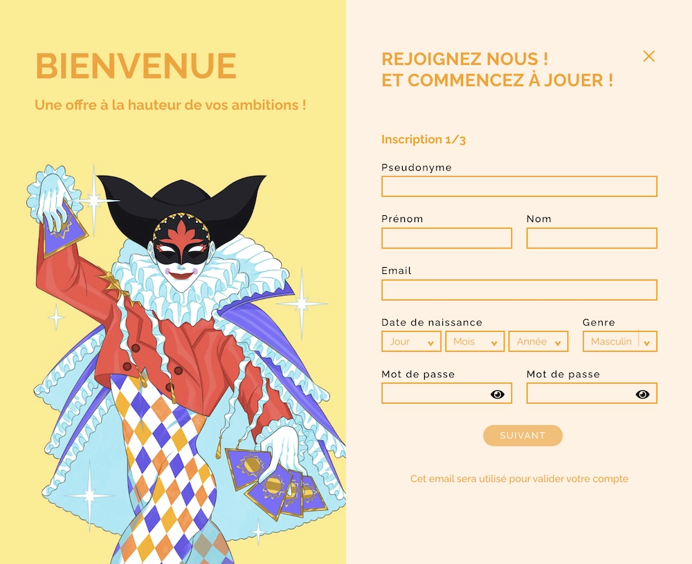 formulaire d'inscription sur Arlequin Casino