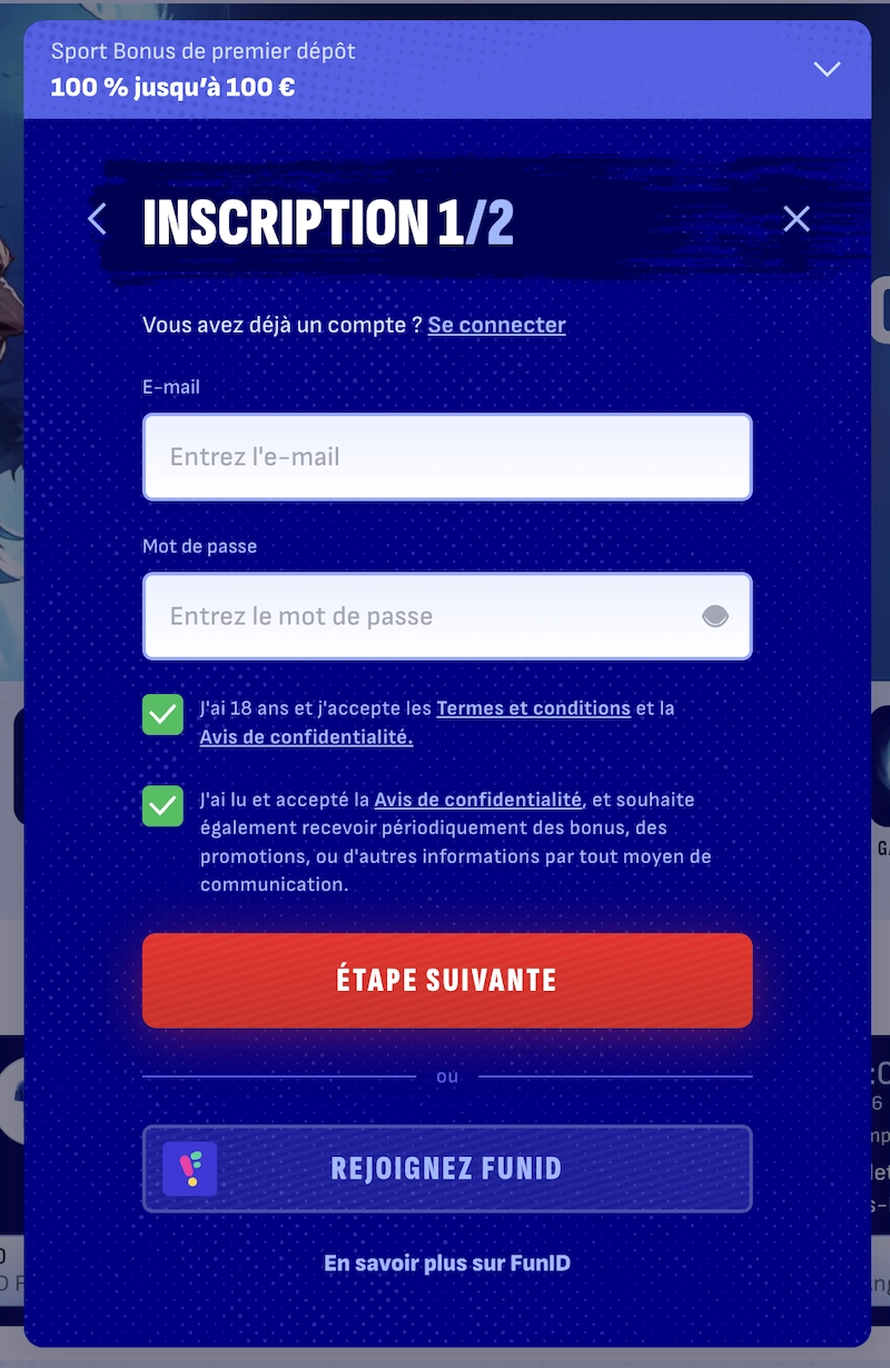 formulaire d'inscription de Bankonbet