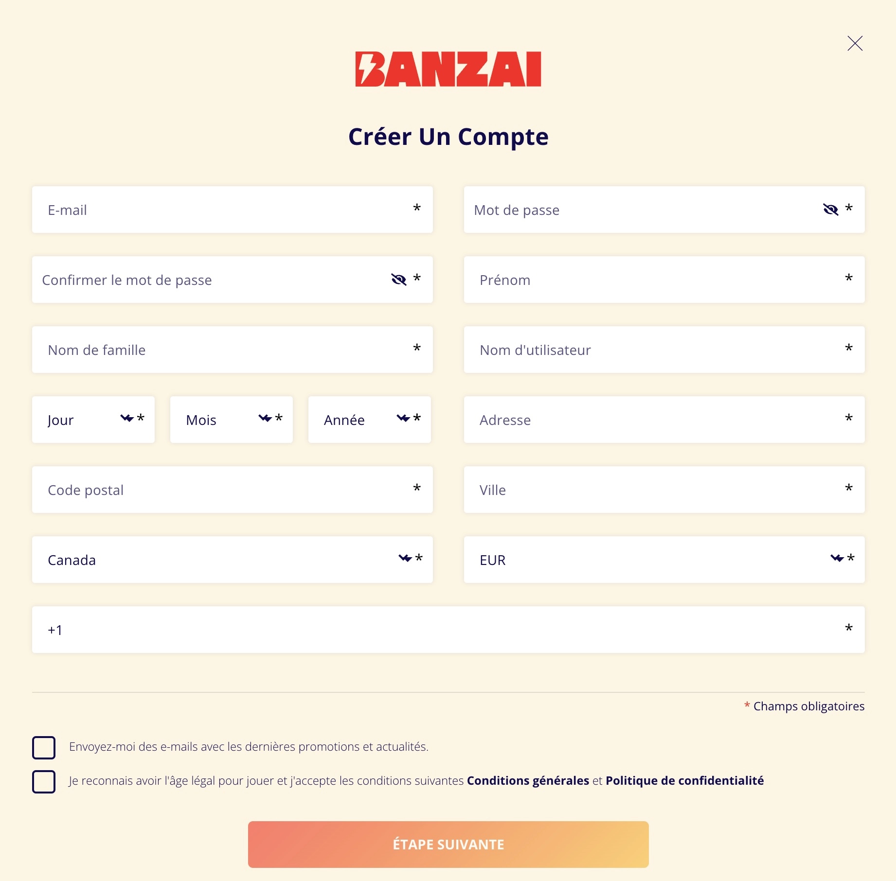 formulaire d'inscription de Banzai Casino