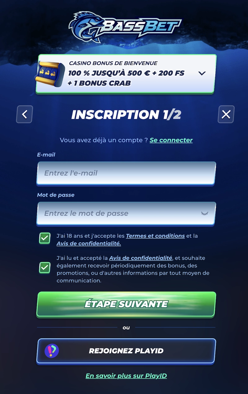 Formulaire d&rsquo;inscription BassBet Casino avec champs email, mot de passe et bouton &Eacute;tape suivante