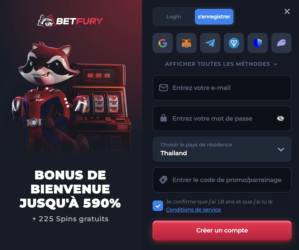 formulaire d'inscription pour le casino en ligne Betfury