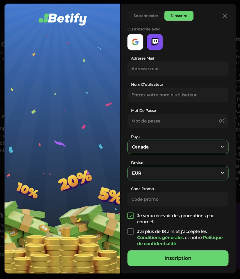 formulaire d'inscription pour le casino en ligne Betify