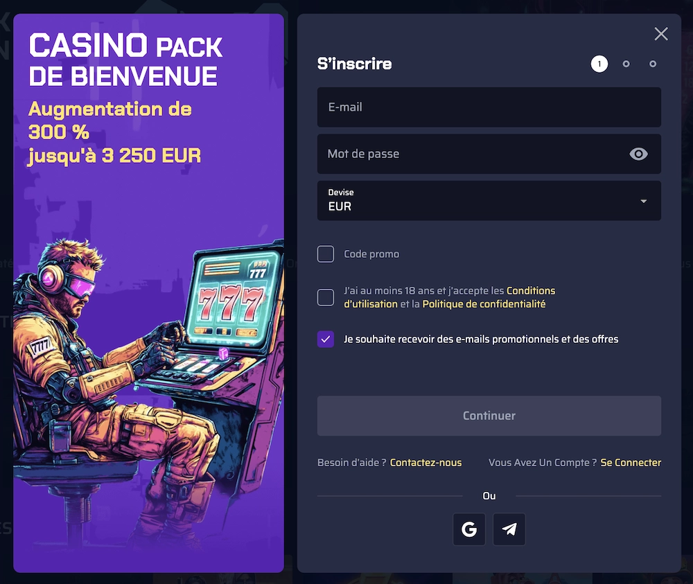 Formulaire d&rsquo;inscription Betory Casino affichant les champs email, mot de passe, devise, options de consentement et bouton continuer