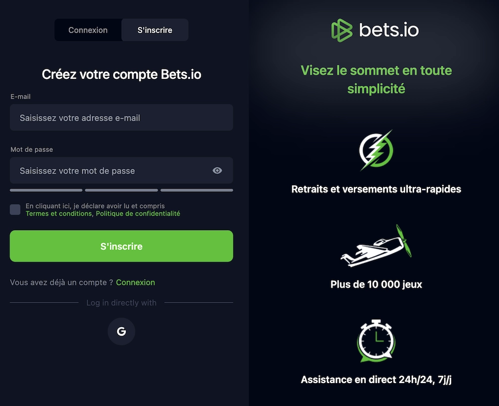 formulaire d'inscription pour illuster le guide sur comment s'inscrire sur Bets.io Casino sur le site de Casinotan