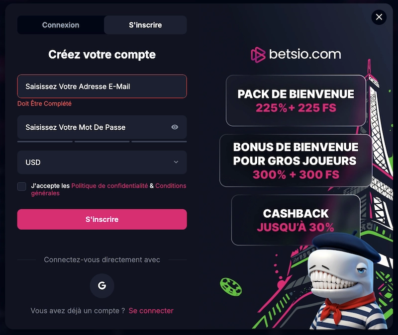 Formulaire d’inscription sur Betsio Casino avec champs email, mot de passe, devise et affichage des bonus disponibles