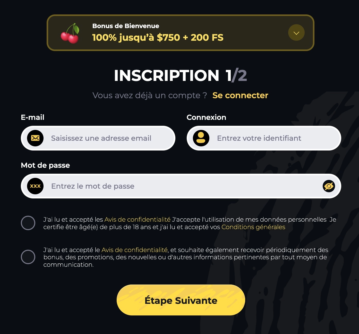 formulaire d'inscription de Boomerang casino