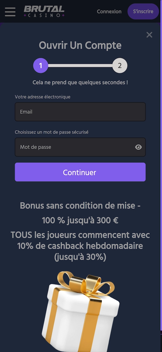 Formulaire d&rsquo;inscription mobile sur Brutal Casino avec email, mot de passe et bonus affich&eacute;