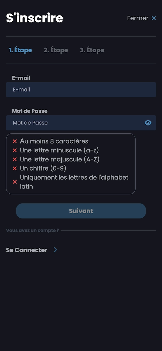 Formulaire d&rsquo;inscription Casino Night sur mobile, affichant la saisie de l&rsquo;e-mail et du mot de passe avec les conditions de s&eacute;curit&eacute; obligatoires.