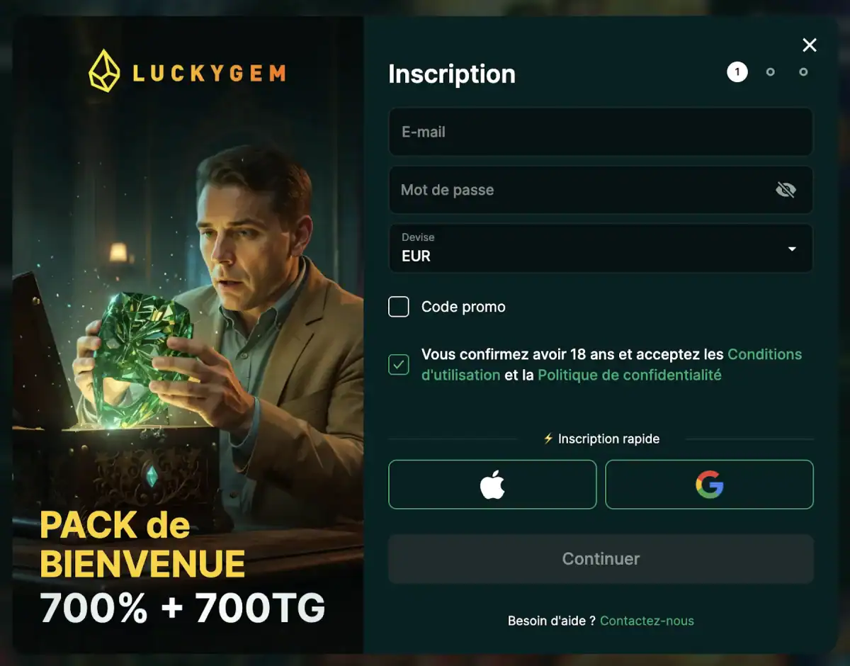 Capture d'écran du formulaire d'inscription Luckygem Casino à l'étape 1 avec les champs email, mot de passe, devise et les options d'inscription rapide Apple et Google.