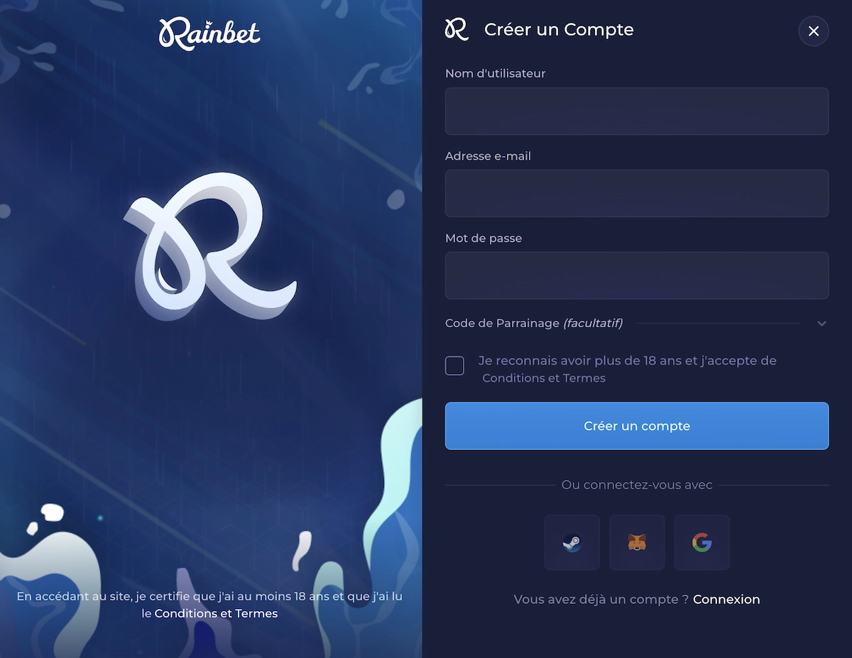 formulaire d'inscription du casino en ligne Rainbet
