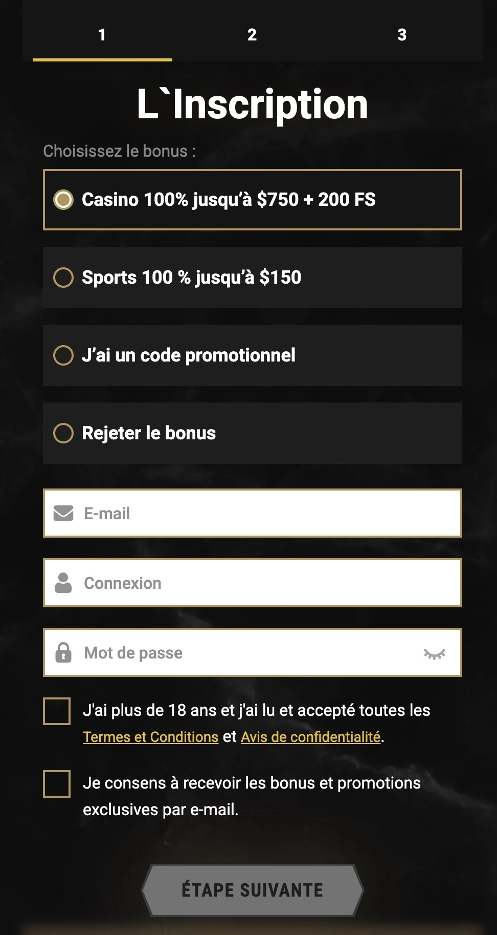 formulaire d'inscription de Casinoly