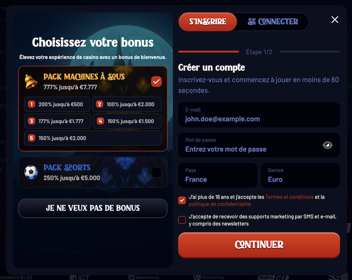 Formulaire d&rsquo;inscription sur Dracula Casino montrant la cr&eacute;ation de compte avec choix du bonus de bienvenue