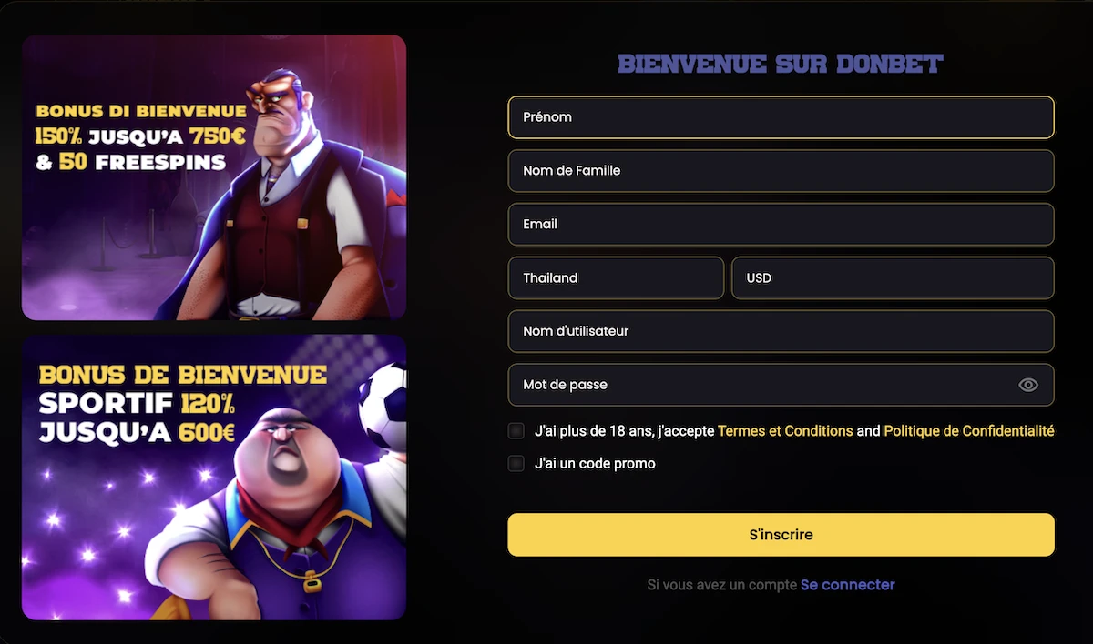 Formulaire d&rsquo;inscription sur Donbet avec champs email mot de passe choix de pays et affichage des bonus de bienvenue