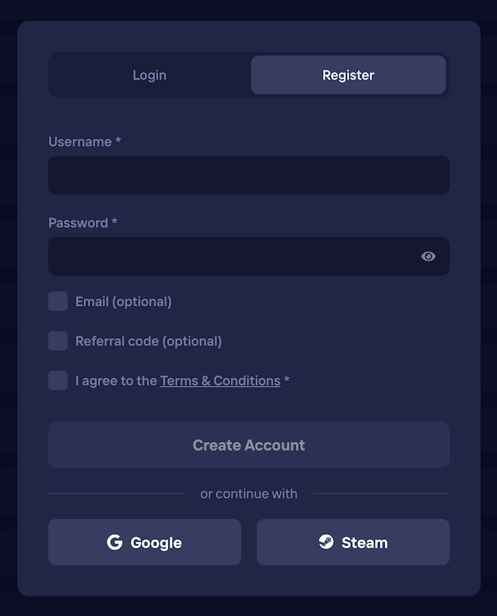 Formulaire d&rsquo;inscription sur Duel.com avec champs nom d&rsquo;utilisateur, mot de passe et options Google ou Steam