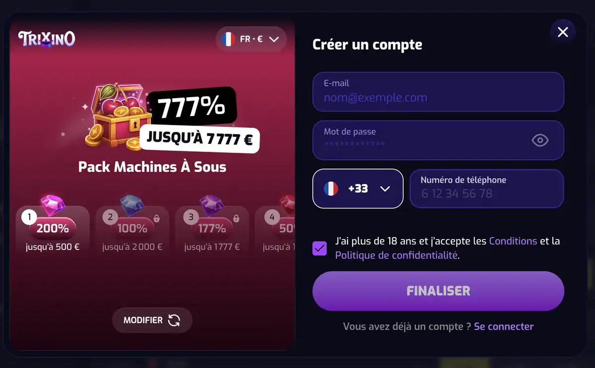 La 1re étape du formulaire d'inscription de trixino casino avec l'e-mail, le mot passe et numéro téléphone.