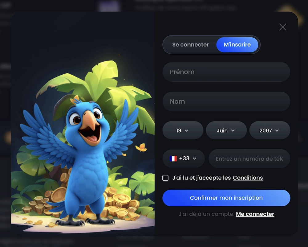 formulaire d'inscription de MonacoJack France