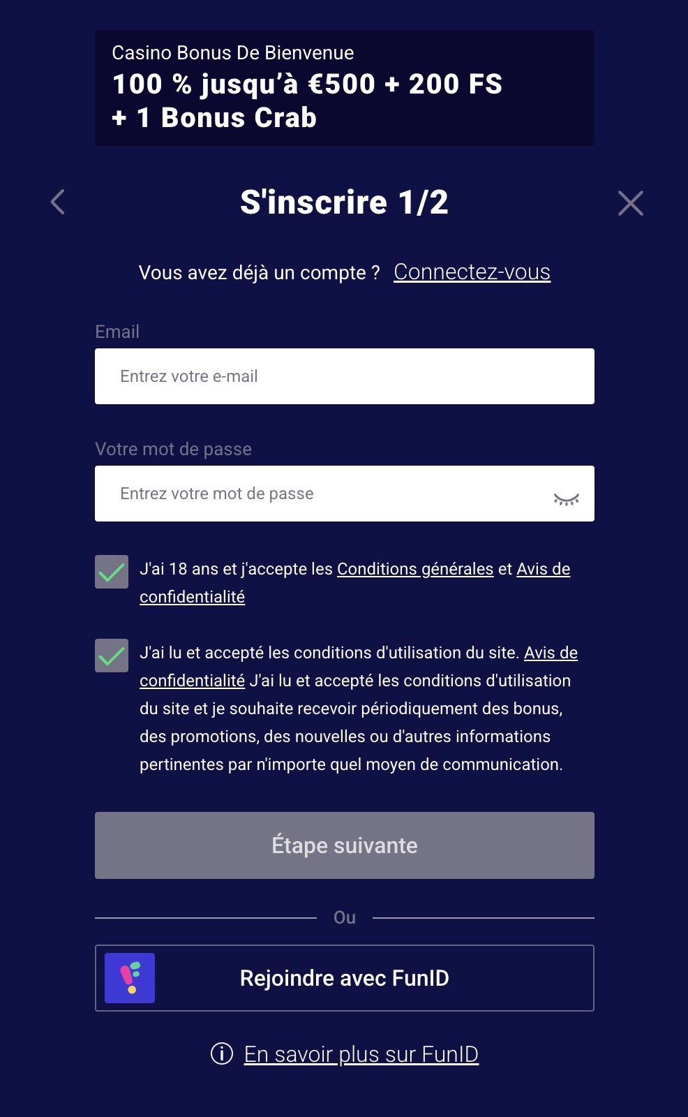 etape 1 du formulaire d'inscription de Frumzi casino