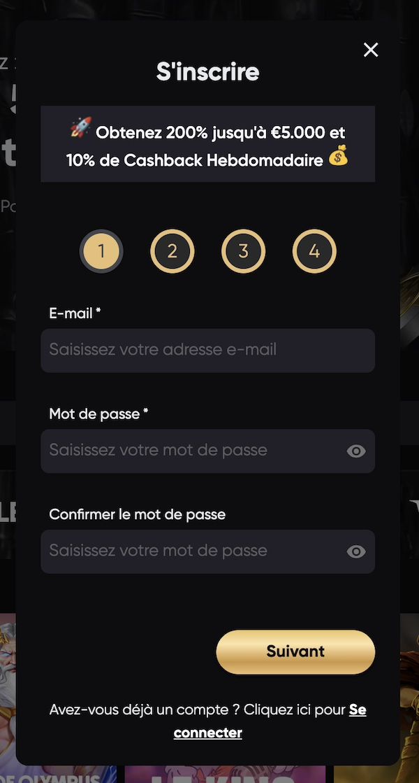 formulaire d'inscription sur le casino en ligne Golden Panda Casino