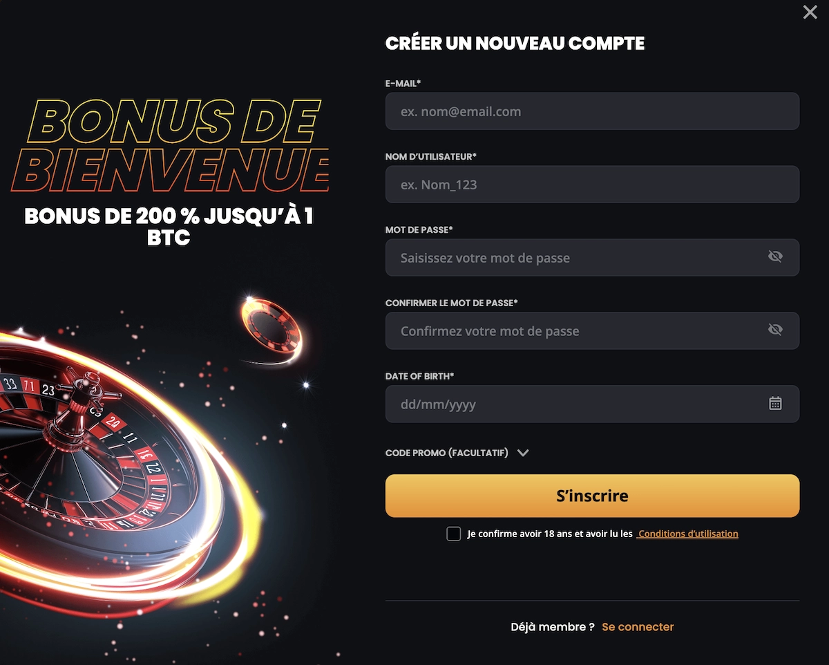 Formulaire d&rsquo;inscription sur Instant Casino avec champs e-mail, nom d&rsquo;utilisateur, mot de passe et code promo