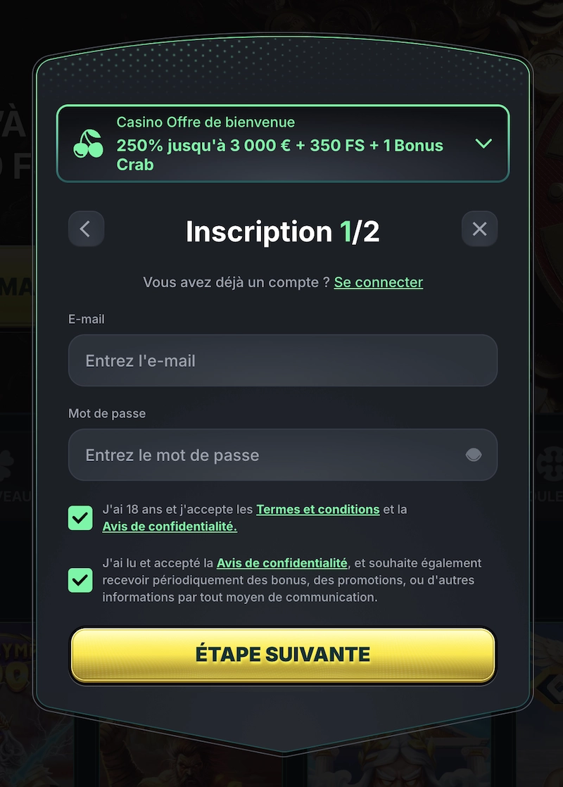 formulaire d'inscription de Kinbet