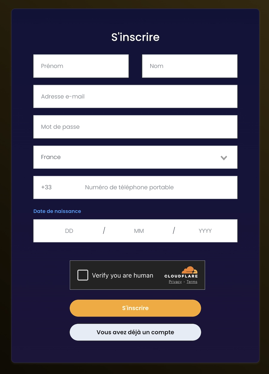 Formulaire d&rsquo;inscription sur Kings Chance Casino avec champs pour le pr&eacute;nom, l&rsquo;email, le mot de passe, le t&eacute;l&eacute;phone et la date de naissance